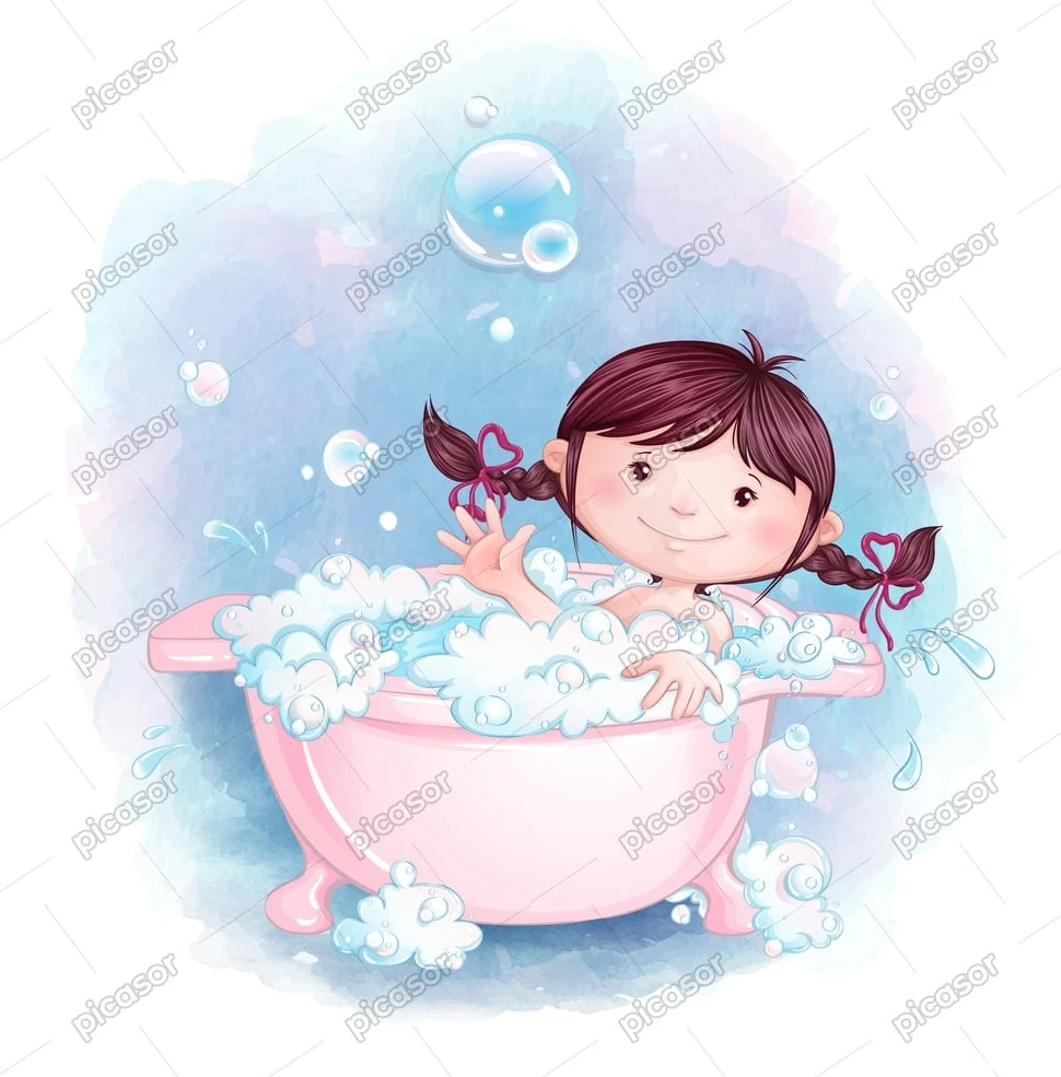 وکتور دختر بچه داخل وان حمام با کف صابون - وکتور حمام کردن ...